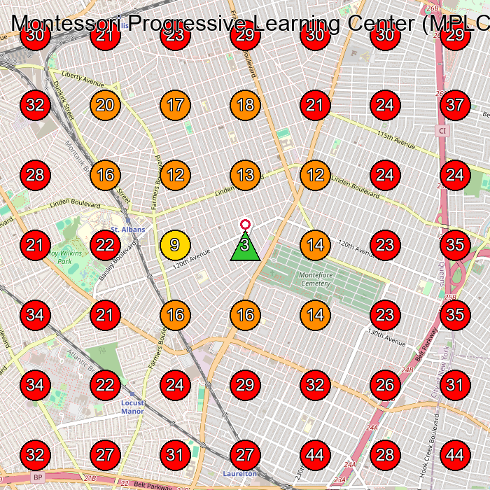 Montessori Progressive Learning Center (MPLC) GeoGrid visibility map for Kindergarten in Jamaica